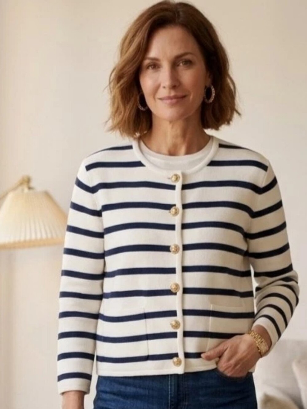 Striped Black and White Button-Front Cardigan Sweater With Gold Buttons